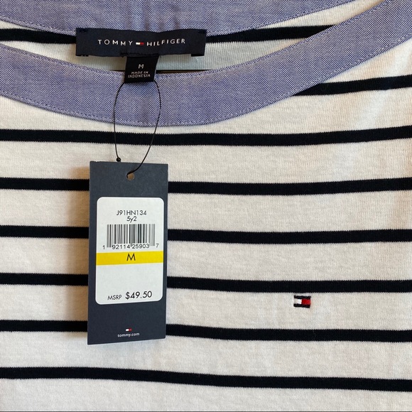 TOMMY HILFIGER Striped Chambray Boat Neck 3/4 Top - Picture 3 of 6